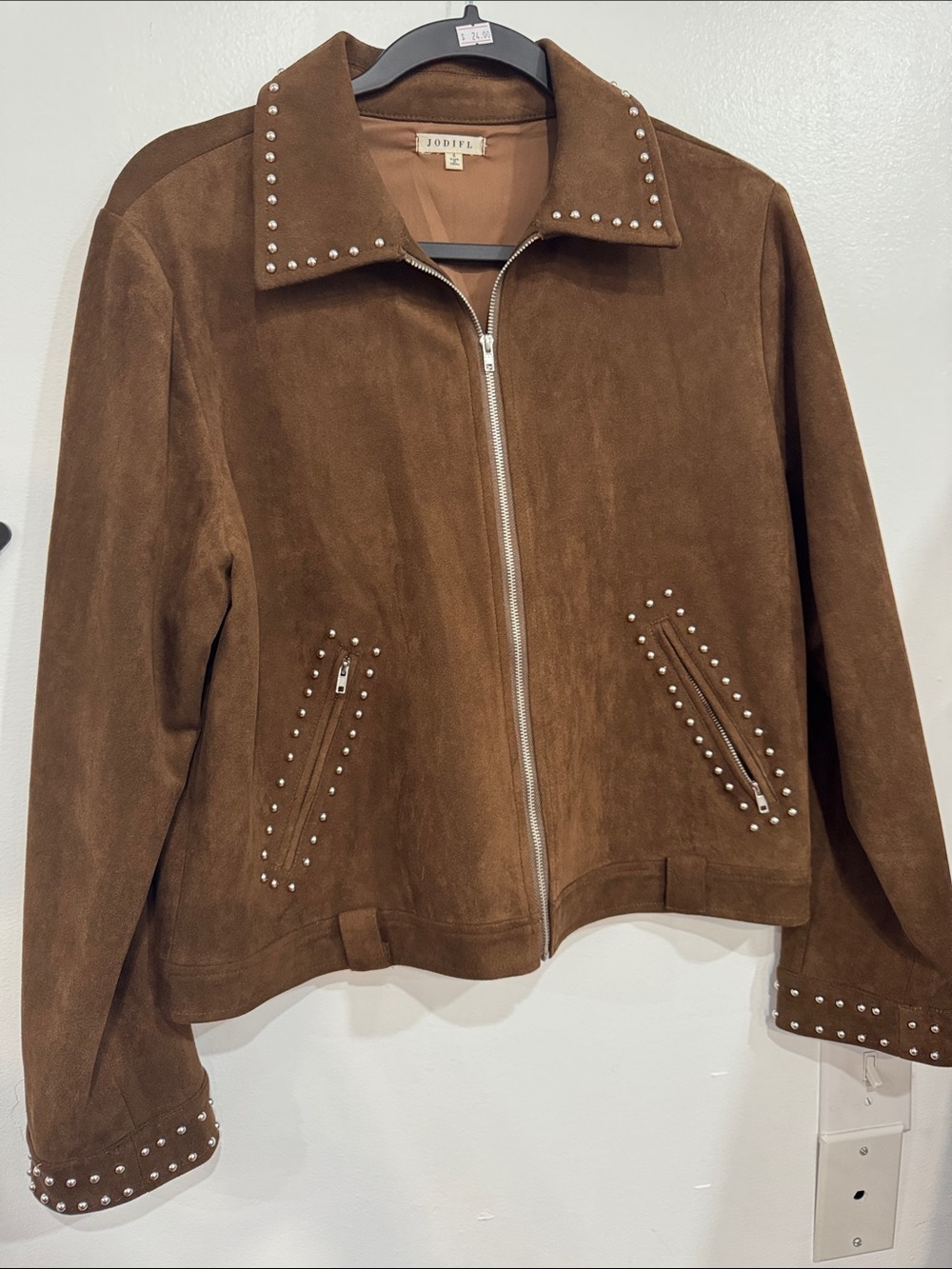 JODIFL Brown Suede Studded Zip-Front Jacket